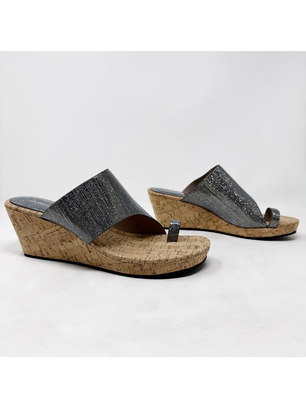 [Donald Pliner] Giles Metallic Silver Glitter Toe Loop Cork Wedge Sandals Sz 9.5
